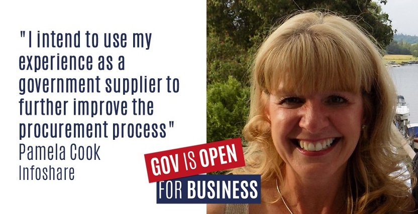 Photo of Pamela Cook, Infoshare MD, with a quote about supporting the Government SME Panel
