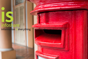 Image of a Royal Mail post box alongside the Infoshare logo